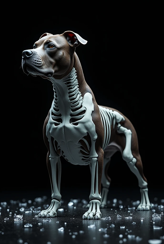 Photo of an American Bully dog with a palette of 4 colors, with half of the dog in skeleton, make it look realistic, with broken glass details, on black background