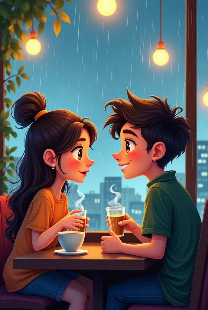A cartoon of A boy and a girl sitting at restaurant in rainy season . Adult boy and girl.the girl looking outside and boy looking at girl.