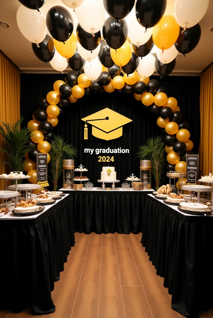 party room to celebrate the themed graduation of a medical doctor, with a black background fabric that has a design of a gold graduation cap in the center and below the design, is the word My Graduation and below the year 2024, to the side an arch of balloons in black, gold and white, in front a dessert table with various types of sweets and a cake in the center, on the sides of the main table, a tower of balloons in black, gold and white and at the top hang on both sides some welcome door banners with a black background, which say in white and gold letters 2024 and a folded diploma at the top and the other says Congratulations with a gold graduation cap at the top top, next to this table, place a table with a white tablecloth and its food warmers for the buffet, in the rest of the room place 6 large tables, some with black, white and gold tablecloths, 60 chairs, 10 for each table , each table with its centerpiece made of 7 balloons tied to a plastic support base of individual tubes and 2 black balloons and 3 gold balloons, and 2 transparent balloons with gold confetti inside the balloon, each centerpiece around the balloons It has a strip of yellow LED lights, on the ceiling it places white, black and gold balloons with various graduation designs and with gold, black and white ribbons hanging down and all the balloons glued to the ceiling.