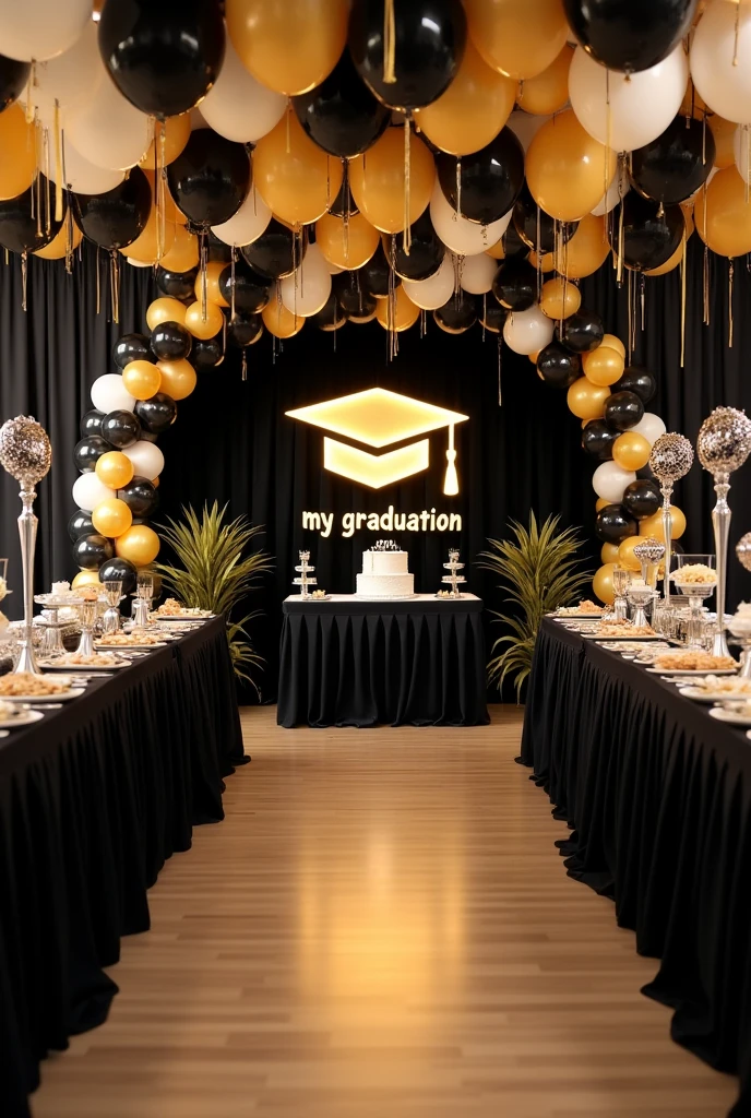 party room to celebrate the themed graduation of a medical doctor, with a black background fabric that has a design of a gold graduation cap in the center and below the design, is the word My Graduation and below the year 2024, to the side an arch of balloons in black, gold and white, in front a dessert table with various types of sweets and a cake in the center, on the sides of the main table, a tower of balloons in black, gold and white and at the top hang on both sides some welcome door banners with a black background, which say in white and gold letters 2024 and a folded diploma at the top and the other says Congratulations with a gold graduation cap at the top top, next to this table, place a table with a white tablecloth and its food warmers for the buffet, in the rest of the room place 6 large tables, some with black, white and gold tablecloths, 60 chairs, 10 for each table , each table with its centerpiece made of 7 balloons tied to a plastic support base of individual tubes and 2 black balloons and 3 gold balloons, and 2 transparent balloons with gold confetti inside the balloon, each centerpiece around the balloons It has a strip of yellow LED lights, on the ceiling it places white, black and gold balloons with various graduation designs and with gold, black and white ribbons hanging down and all the balloons glued to the ceiling.