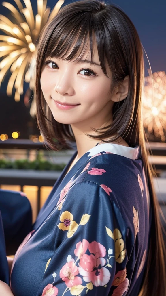 Japanese girl looking at the viewer, posing with a smile (highest quality, masterpiece))), wearing Navy Yukata、High resolution, very detailed, masterpiece, cinematic lighting, (8K, highest quality, masterpiece: 1.2), (realistic, photorealistic: 1.37) high resolution, Super detailed, 1 girl, ASİAN, cute, cute face, alone, short hair 1.2, rough skin, beautiful smile, beautiful detailed sky, Details cafe, night, movie lighting, Depth of the bounds written, lens flare light, On a date, (blush), (smile: 1 ),(closed your mouth), Beautiful eyes in every detail, (long hair: 1.2 floating hair nova frog style,((Spectacular fireworks bursting into the night sky))