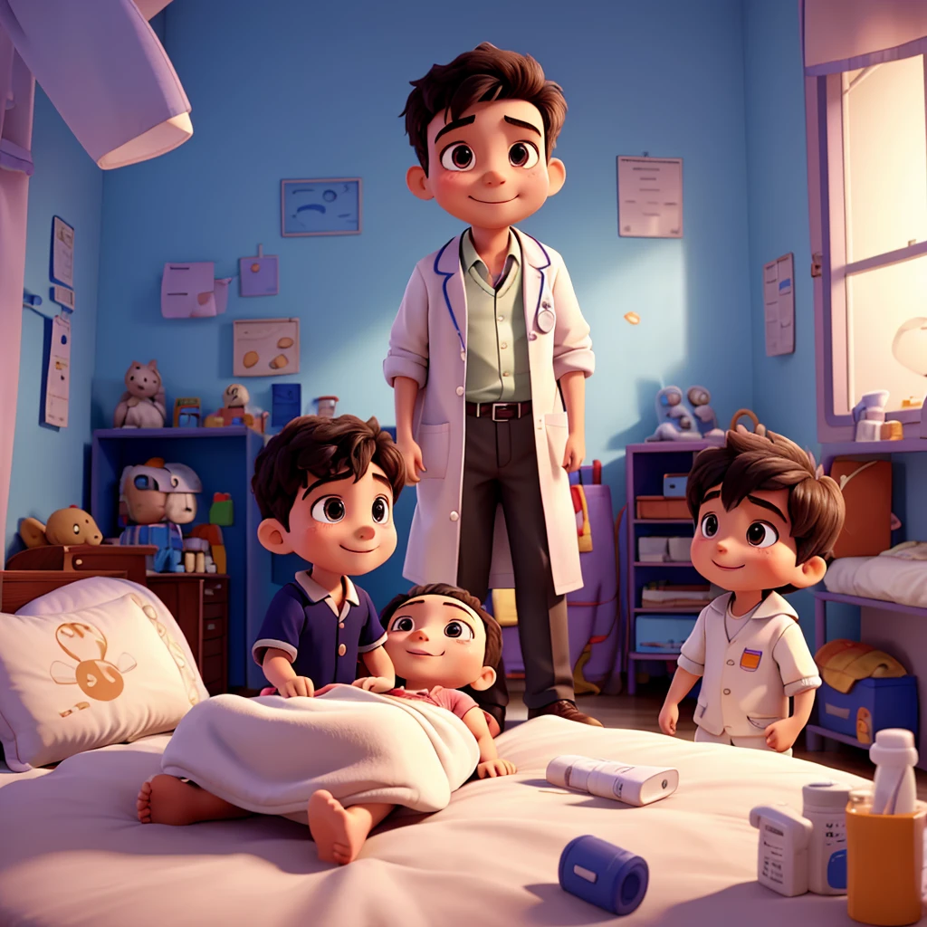 Doctor treating a child with pneumonia in his bed, the child looks happy, The child&#39;s parents are at the foot of the bed, The doctor is wearing surgical clothing and a white coat.