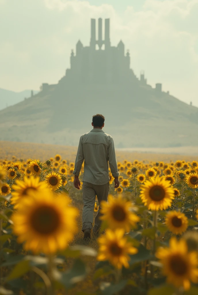 You can create images of a man walking in a field of sunflowers with a mystical landscape of gray colors.
