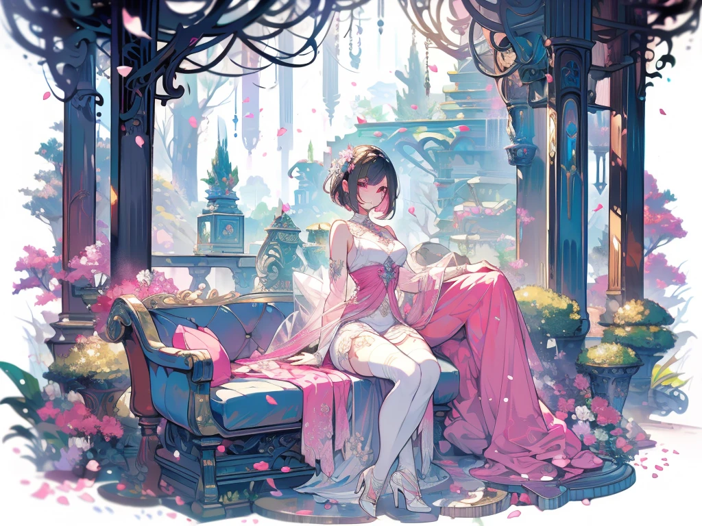 masterpiece，best quality，Elf，Forest ruins，sunglasses，Pure white background，Delicate face，Handsome short hair，Smile，whole body，Perfect body proportions，Beautiful pink eyes，Flower petals rain，Sexy，transparent，High heel，Fishnet stockings，Star decoration