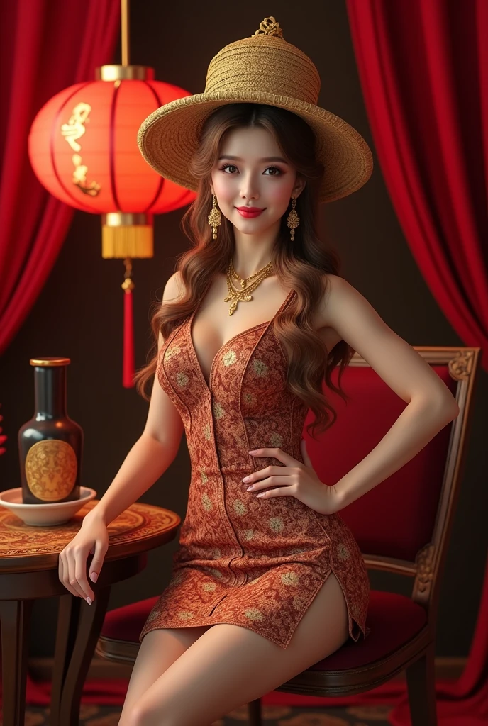 Brown haired female model wearing stylized outfit from Vietnamese pho. Impressive style. Wearing stylized hat from pho noodles. Knee length dress. Luxurious setting, red curtain interior, wooden table and chairs, red lantern, beautiful light
