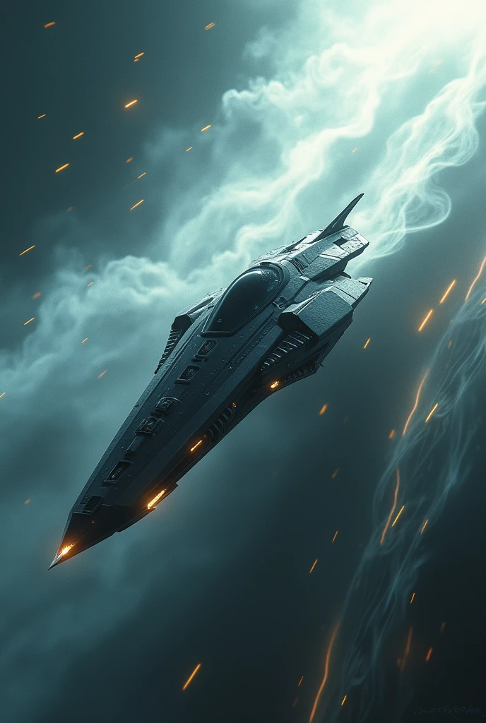 The spaceship is speeding through the planet's atmosphere., with a big shadow Like a ghost still following at incredible speed.