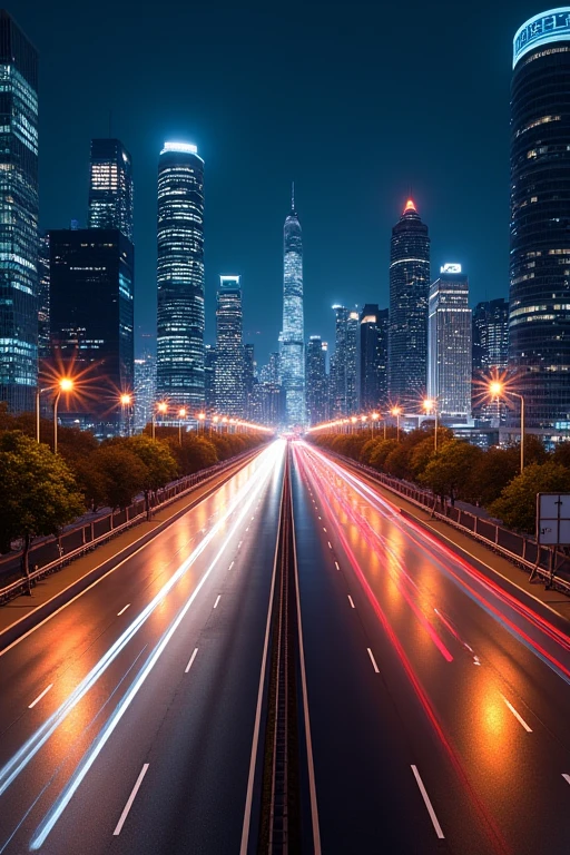 A cool and scenic city with a straight highway at night