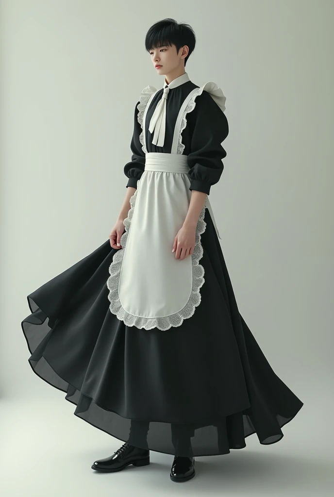 An Asian man with a slightly muscular body, white skin and black hair wearing a long maid outfit