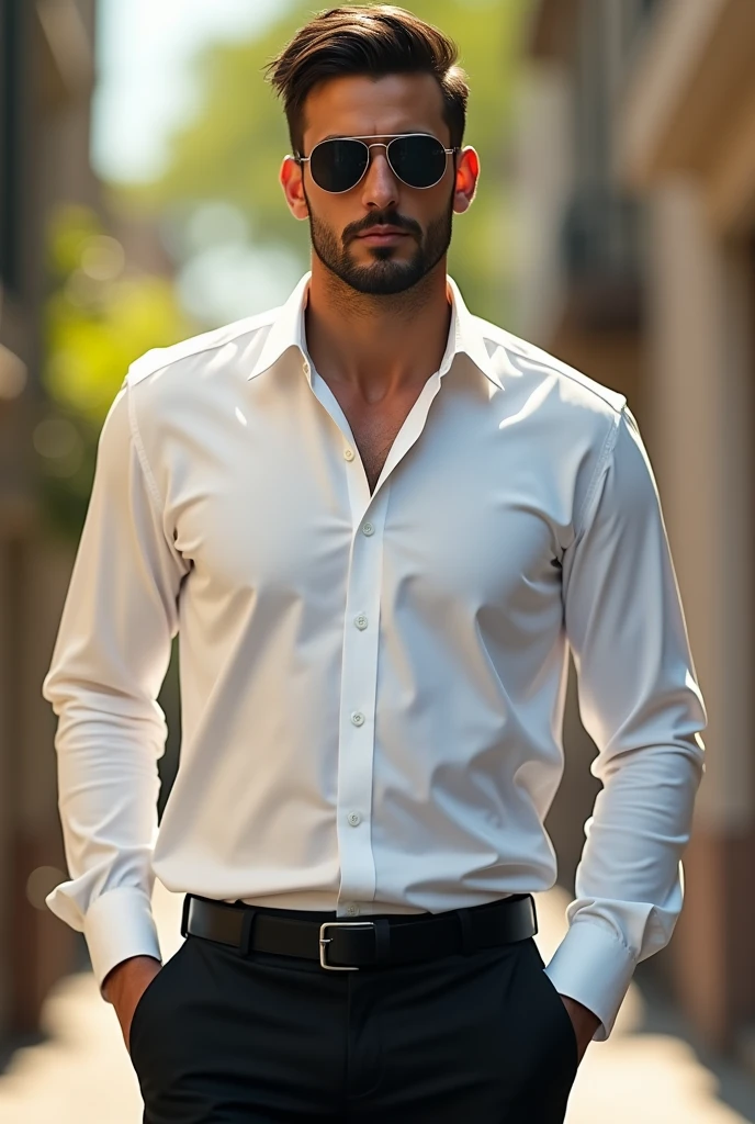 (photorealistic:1.2), guy wearing white button down, black pant, daylight,wearing sunglasses, beard, with significant aura around him