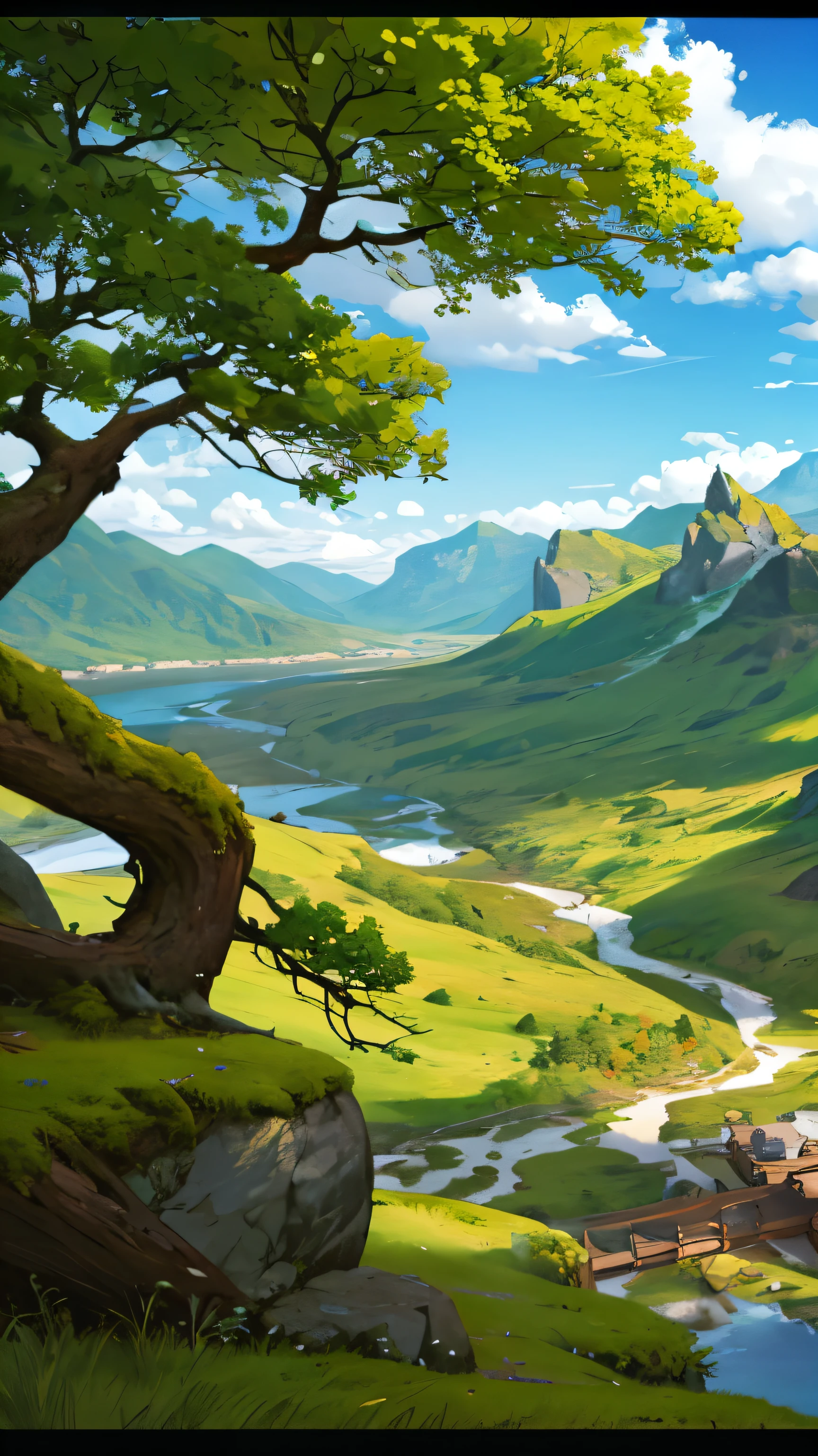 Landscape Sketching and Coloring,There are rivers and wells on the mountain,But the well is covered with moss,But the color is gold,There are birds and many trees and clouds