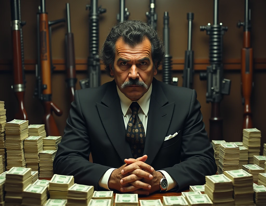 Photo of drug trafficker Pablo Escobar with lots of money and weapons