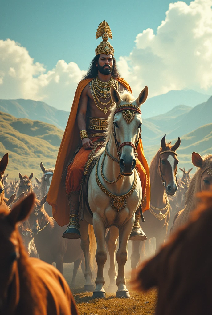 suryakoti with realistic image ratio 16:9 with ashwamedha and animals