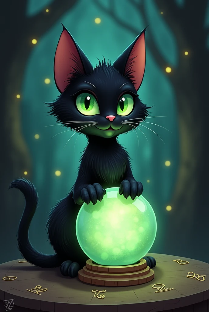 Black cat cartoon character, fortune telling crystal ball, black tone, charming and mysterious.