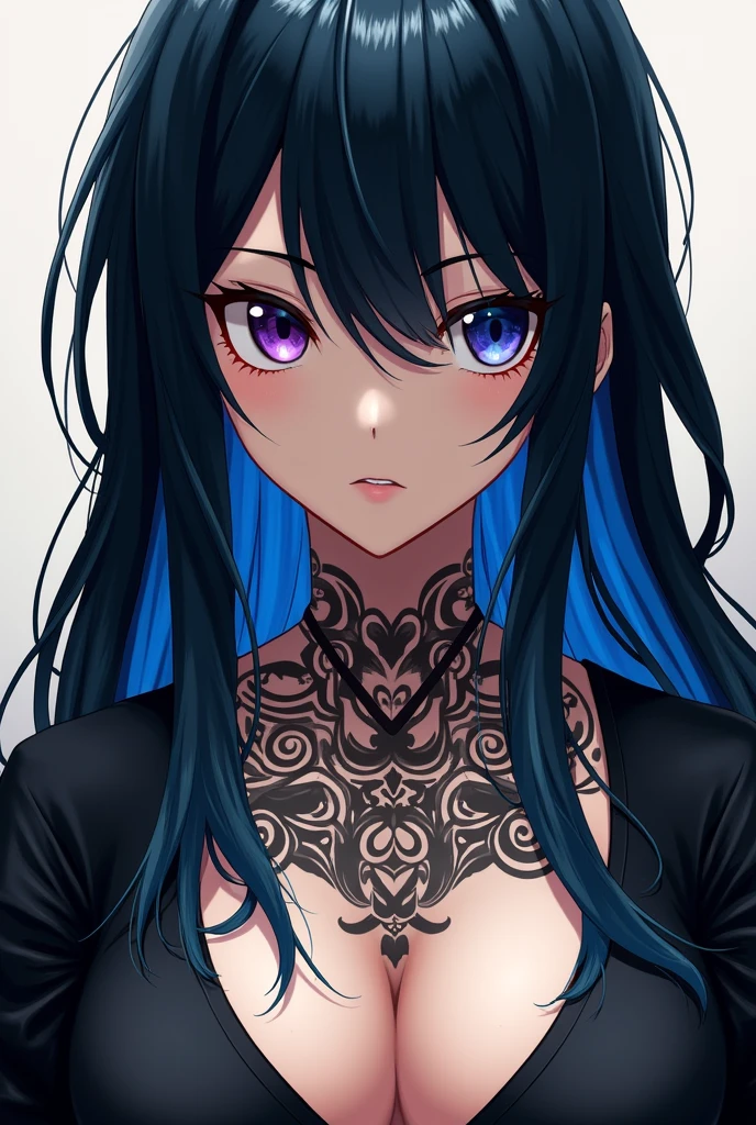 Tokyo revengers anime style woman long black hair with strong blue tips, fair skin with tattoos on chest a mole on right cheek under eye, with casual clothes