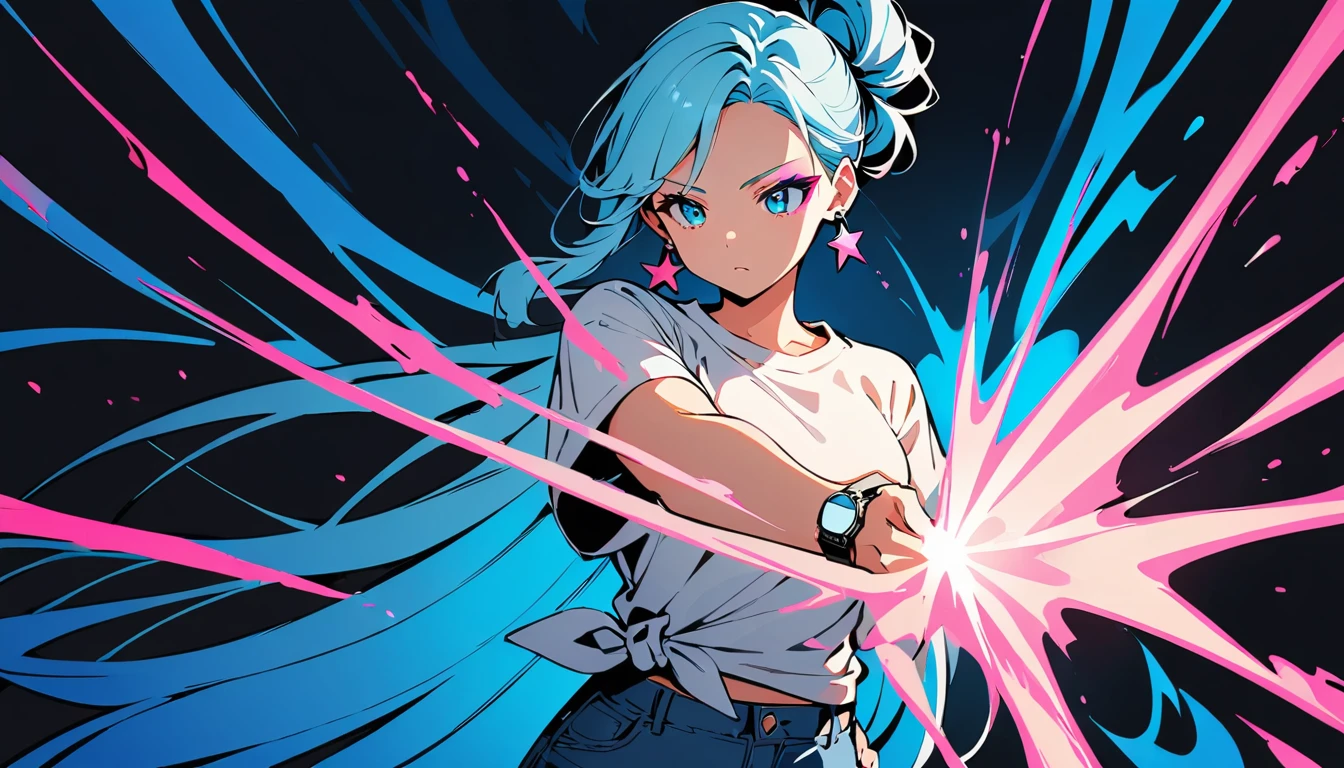 (high quality, 8k, 4K, High Contrast, masterpiece:1.2, 最high quality, Best aesthetics), ((16bit)), (Dynamic Angle), ((1 female )), ((Plain and bright background)), ((Flat Color)),(Plain white T-shirt on the upper body), (jeans), Looking at the audience, Upper Body, Transparent Background, Sleepy eyes, High Contrast, Contrasting colors, Cowboy Shot, Pale pink and blue lighting, Long Hair, ((Tied Hair)) , Light blue hair, Small star-shaped earrings in both ears, watch, bright eyeshadow, Cool look, ((Casting an attack spell