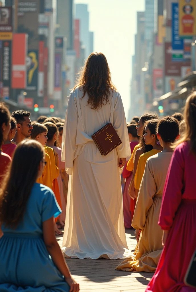 A crowd of community in rainbow colored clothing kneeling before a man like Jesus in a white robe with a bible in his hand with long hair in the middle of a city 