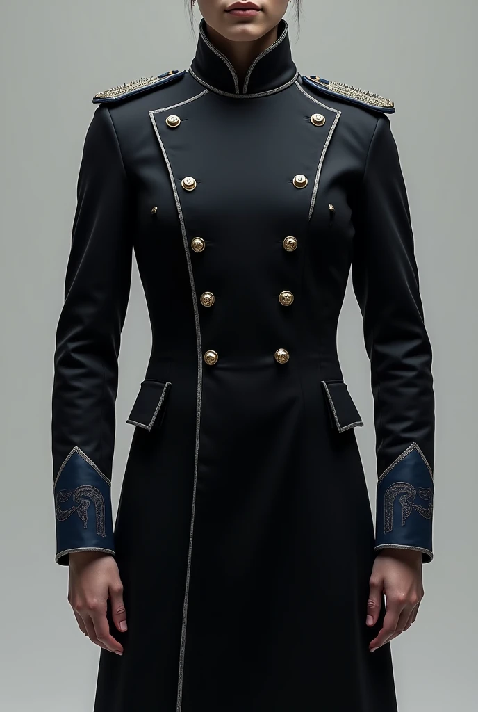 Generates a full dress warband uniform with a black jacket with grey details on the collar and navy blue details on the sleeves 