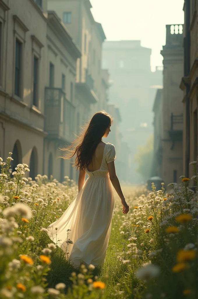I am time, the images are from different times throughout the history of humanity, of the beautiful young woman who likes to walk in the fields of all times, everything changes depending on the time, the image enjoying the flowers and the old buildings around me seems like a painting when I appear in those photos, the light of peace and tranquility but my eyes transmit the joy, the happiness or the sadness of the moment, different races but the feeling is the same. , The message I want to convey is that the simplest things are the most expensive , real very real ,48k rules of thirds ultra-detailed movie rules use all the current techniques of promt that show the depth of field of the light