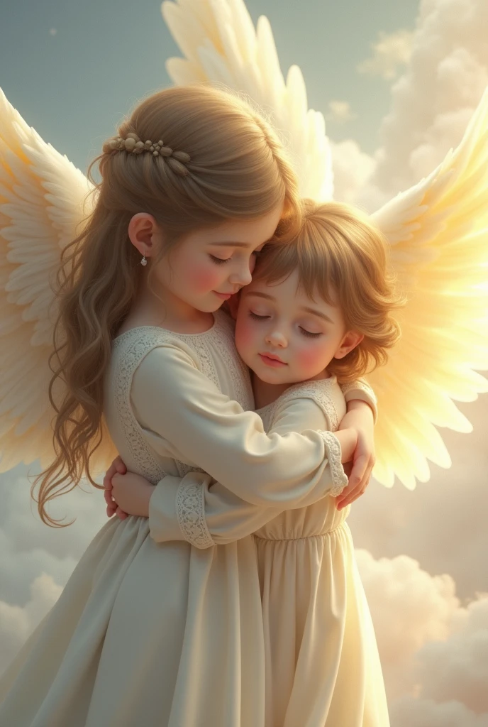 A small girl huging  a angel