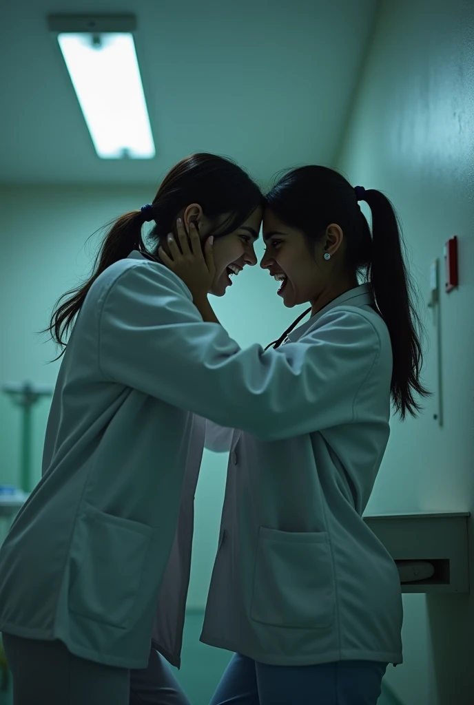 (photorealism:1.2), 2 girls fighting with eachother indian wearing hospital coat in dim room