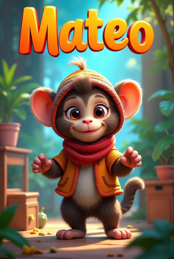 Create a flipbook cover Add Mateo's name to the cover at the top center of the title.
adding a domestic or jungle animal that is animated with clothes but is not fictional and is colorful.