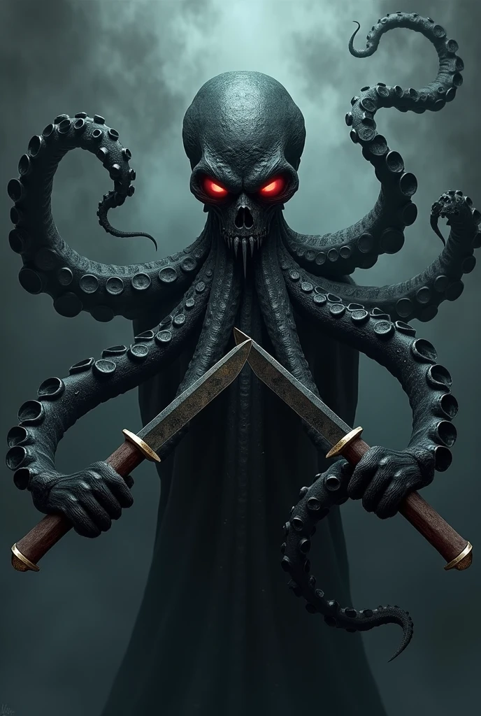 Black octopus with skull face and red eyes with harpoon and fishing rod