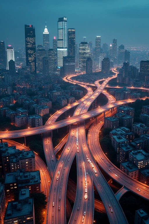 A cool and scenic city with a night view of a highway with junctions