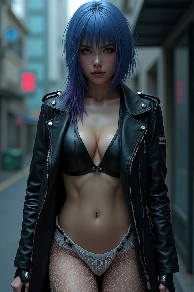 30 yo,realistic  woman ,blue-purple hair,Scarlett Johansson　in Ghost in the Shell,Public Security,(1 girl),realistic ghost in the shell with guns,Wearing a white Fishnet tights and leather coat,(beautiful eyes:1.2),(beautiful face:1.3),(detailed face:1.3),(smile),(muscular:1.1),(sensual:1.3),(thick thighs:1.2),(Body moistened with sweat),(background is black:1.5),(blur background:1.2),(master piece,highest quality,ultra high resolution,Super detailed,8K),wallpaper,The background is Cyberpunk City