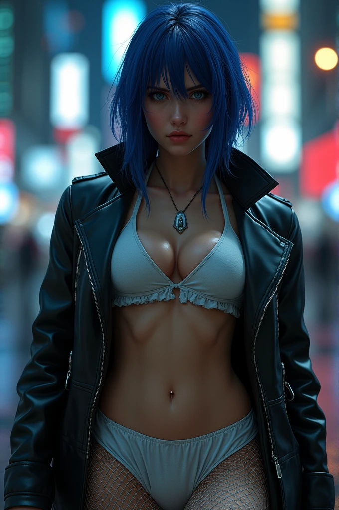 30 yo,realistic  woman ,blue-purple hair,Scarlett Johansson　in Ghost in the Shell,Public Security,(1 girl),realistic ghost in the shell with guns,Wearing a white Fishnet tights and leather coat,(beautiful eyes:1.2),(beautiful face:1.3),(detailed face:1.3),(smile),(muscular:1.1),(sensual:1.3),(thick thighs:1.2),(Body moistened with sweat),(background is black:1.5),(blur background:1.2),(master piece,highest quality,ultra high resolution,Super detailed,8K),wallpaper,The background is Cyberpunk City