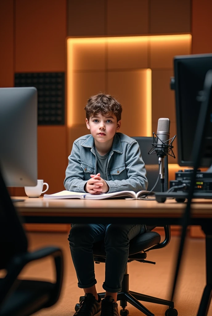 I need a studio with table with a mic and computer and a boy is setting Infront of table and talking to the audience 
