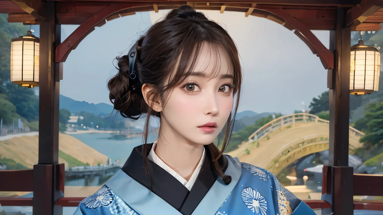 (Highest quality, 8k, masterpiece, High resolution), (whole body), Vibrant colors, ((headphones)), Brown-black bob, Traditional topknot, Ample breasts, (Highly detailed face and eyes, Beautiful Face, Beautiful Eyes, Beautiful nose, Pretty lips), Official Art, Ukiyo-e style, (Beautiful woman in kimono), (Vivid floral patterned kimono), background, river, bridge, Mountain, wood, Starry Sky, moon, Detailed CG,