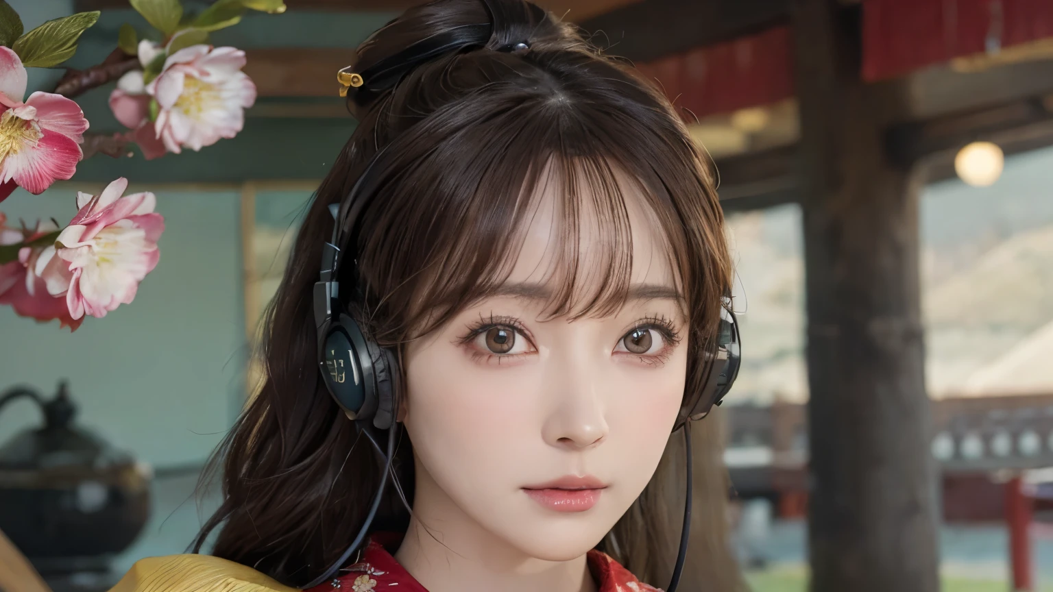 (Highest quality, 8k, masterpiece, High resolution), (whole body), Vibrant colors, ((headphones)), Brown-black bob, Traditional topknot, Ample breasts, (Highly detailed face and eyes, Beautiful Face, Beautiful Eyes, Beautiful nose, Pretty lips), Official Art, Ukiyo-e style, (Beautiful woman in kimono), (Vivid floral patterned kimono), background, river, bridge, Mountain, wood, Starry Sky, moon, Detailed CG,