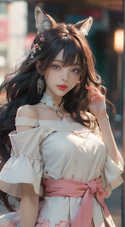 ((best qualtiy)), ((tmasterpiece)), (detail:1.4), Beautiful cyberpunk female images,hdr(HighDynamicRange),Ray traching,NVIDIA RTX,Hyper-Resolution,illusory 5,sub surface scattering,PBR textures,post-proces,Anisotropy Filtering,depth of fields,maximum definition and sharpness,Many-Layer Textures,Albedo e mapas Speculares,Surface coloring,Mitsu-Accurate simulation of material interactions,perfectly proportioned,rendering by octane,Two-colored light,largeaperture,Low ISO,White balance,Rule three points、8K raw data、Beautiful bright blue pupils,off-the-shoulder clothes,Fine pupils,Delicate face and eyes,long eyelasher,Blushlush,Delicate and fluffy hair,pink lip,Pure,Cute face,Sweet girl,Artistic sense,Casual wear,Advancedsense,butterflys,Cherry blossom petal,Beautiful hair accessories,Long hair and waist,Hair fluttering in the wind,Snow-white fox ears,curlies