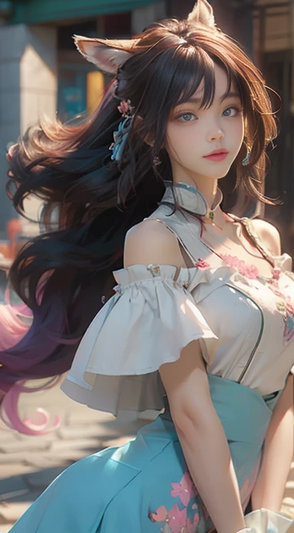 （（best qualtiy））， （（tmasterpiece））， （detail：1.4）， Beautiful cyberpunk female images，hdr（HighDynamicRange），Ray traching，NVIDIA RTX，Hyper-Resolution，illusory 5，sub surface scattering，PBR textures，post-proces，Anisotropy Filtering，depth of fields，maximum definition and sharpness，Many-Layer Textures，Albedo e mapas Speculares，Surface coloring，Mitsu-Accurate simulation of material interactions，perfectly proportioned，rendering by octane，Two-colored light，largeaperture，Low ISO，White balance，Rule three points、8K raw data、Beautiful bright blue pupils，off-the-shoulder clothes，Fine pupils，Delicate face and eyes，long eyelasher，Blushlush，Delicate and fluffy hair，pink lip，Pure，Cute face，Sweet girl，Artistic sense，Casual wear，Advancedsense，butterflys，Cherry blossom petal，Beautiful hair accessories，Long hair and waist，Hair fluttering in the wind，Snow-white fox ears，curlies，Snow-white fluffy tail，Positive light，The light from the back window is backlighted