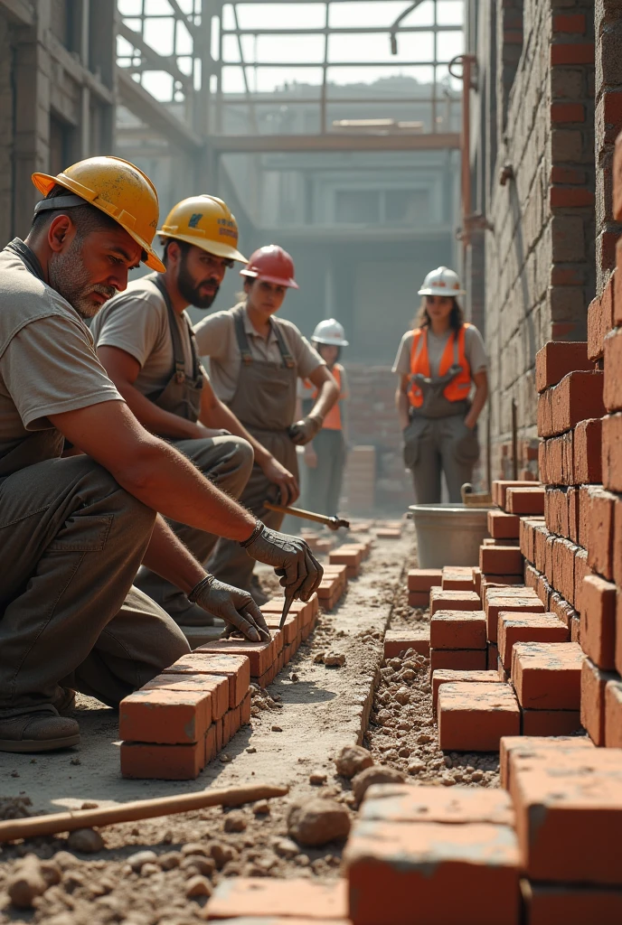 Create a group of bricklayers where there are 2 women in the background