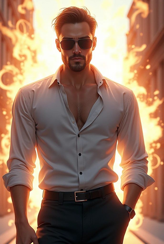 (photoanime:1.2), guy wearing white button down, black pant, daylight,wearing sunglasses, beard, with significant aura around him