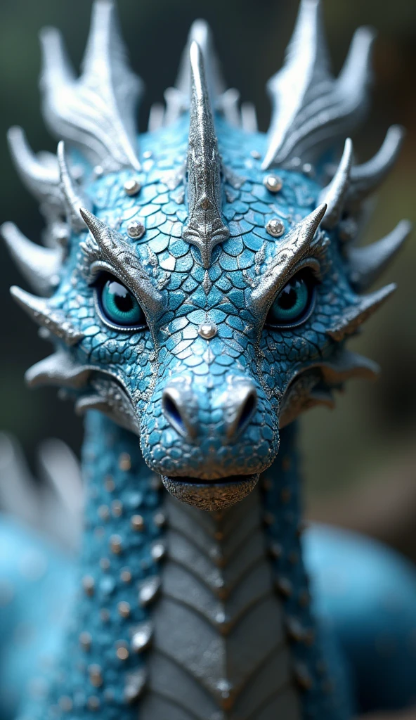  A close-up, front-facing view of a majestic dragon with metallic, crystalline scales that glisten in silver and blue. The dragon's face dominates the frame, showcasing an intricate mosaic of scales embedded with sparkling gemstones. Its piercing, icy blue eyes lock directly ahead, radiating intelligence and power. The close-up shot emphasizes the fine details of the dragon’s ornate design, capturing the texture and reflective quality of its scales. The blurred background ensures that the focus remains entirely on the dragon's formidable and regal presence.