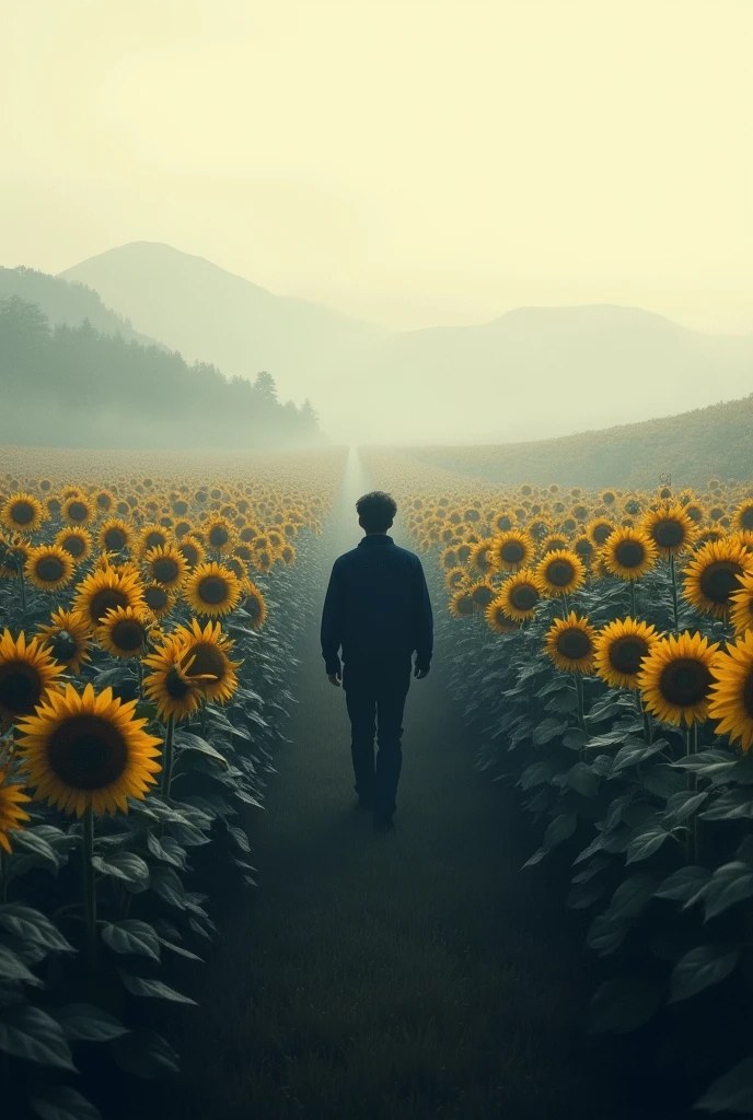 You can create images of a man walking in a field of sunflowers with a mystical landscape.. All this in grey colours 