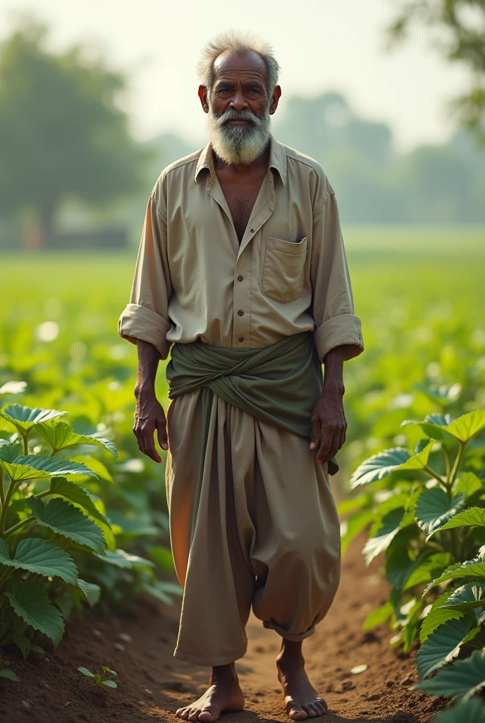 राजू एक साधारण कपड़े पहने हुए, छोटे किसान के रूप में दिखाया गया है, जो खेत में काम करने के लिए तैयार है।