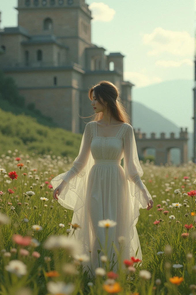 I am time, the images are from different times throughout the history of humanity, of the beautiful young woman who likes to walk in the fields of all times, everything changes depending on the time, the image enjoying the flowers and the old buildings around me seems like a painting when I appear in those photos, the light of peace and tranquility but my eyes transmit the joy, the happiness or the sadness of the moment, different races but the feeling is the same. , The message I want to convey is that the simplest things are the most expensive , real very real ,48k rules of thirds ultra-detailed movie rules use all the current techniques of promt that show the depth of field of the light 