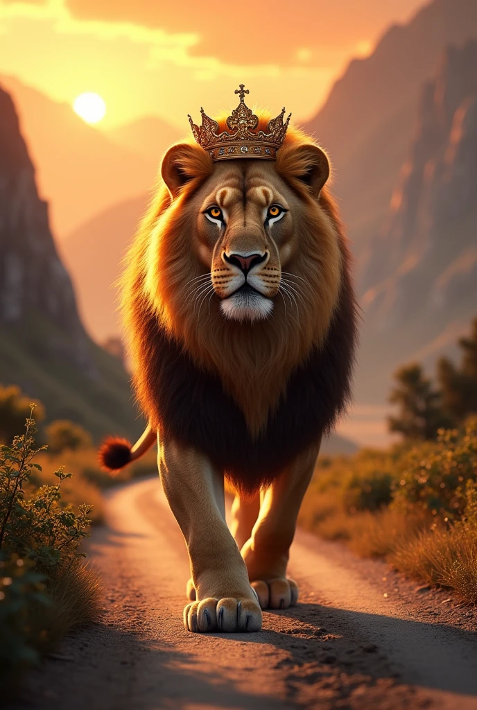A lion with a crown on his head walks proudly at sunset on a mountain road , real ,Masterpiece, High detail ,As if it is happening in reality