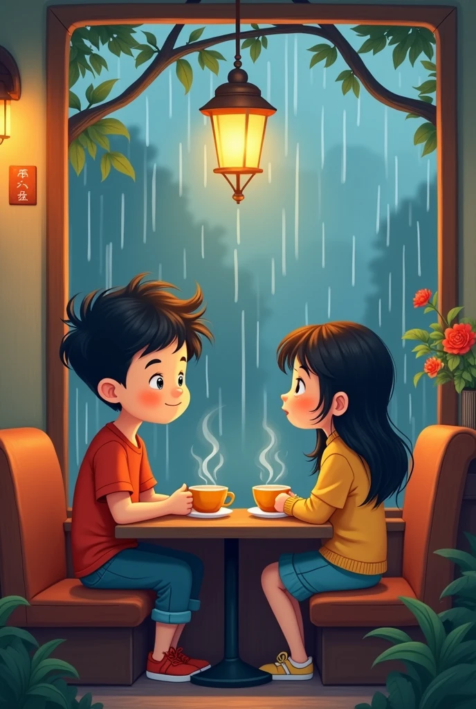 A cartoon of A boy and a girl sitting at restaurant in rainy season. The girl looking at window