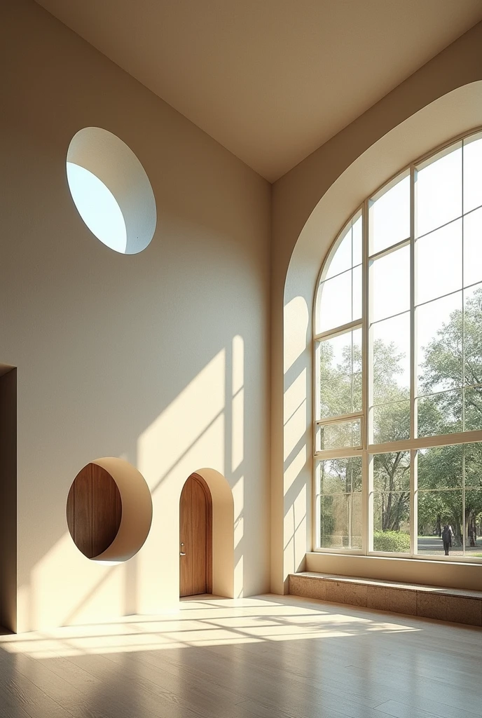 double height interior space with the wall on the left side has a circular window that overlooks the patio that gives all lighting to the back wall, another medium horizontal window that joins the back wall in the corner, the third right wall It has huge windows with large separations
no furniture or trees