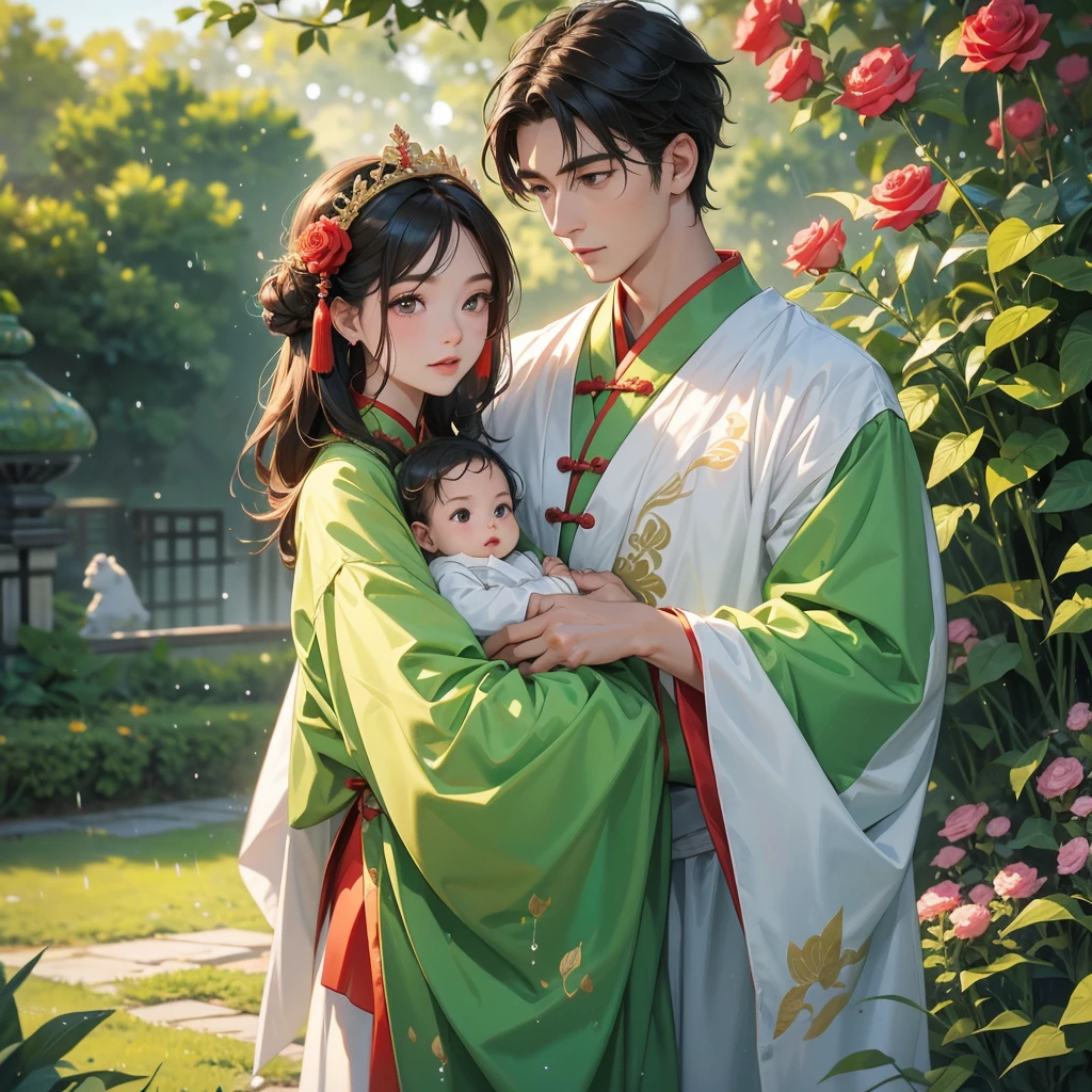 A one-year-old baby boy in an ancient Chinese baby costume with his beautiful mother, dressed in an ancient Chinese costume, Take a walk in the rose garden The garden on the side is lush and green. The atmosphere is after the rain. The air is humid. There are water droplets and small water droplets clinging around, playing with each other, with his handsome father standing next to his mother, close up