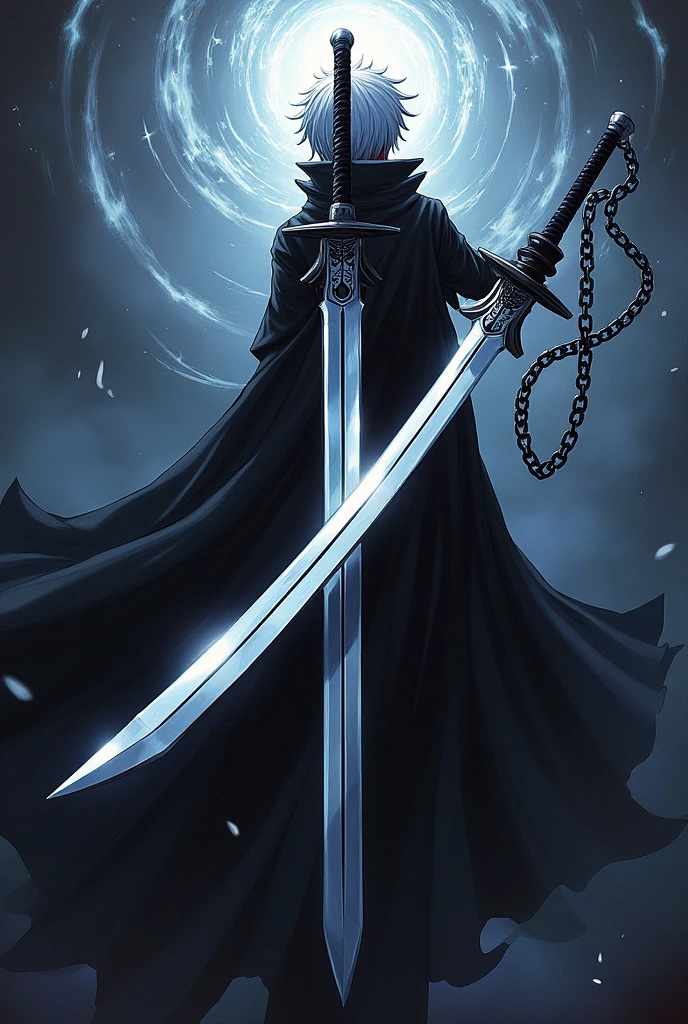 Create a image portrait of a zanpakuto, A dual-bladed weapon with one side resembling a traditional katana and the other a bladed chain. The chain can extend and retract, giving the weapon versatility in both close and ranged combat.