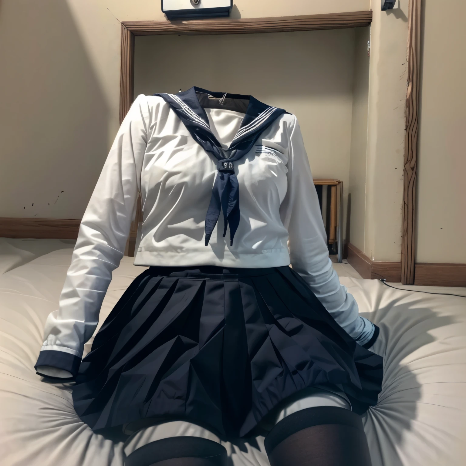 (invisible, no humans:1.5, headless:1.5, handless, legless), grey skirt, long sleeves, neck ribbon, red ribbon, ribbon, sailor collar, school uniform, skirt, white sailor collar, (cute big breast), on bed, black tights, 
(8k, RAW photo, best quality, masterpiece:1.2), (realistic, photo-realistic:1.37),photon mapping, radiosity, ((Hasselblad photography)),physically-based rendering,