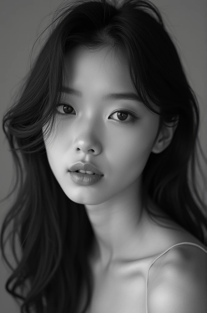 Here’s a prompt for generating a black-and-white realistic portrait of an Asian woman in a Korean-style model aesthetic:
"A realistic, black-and-white portrait of an Asian woman with a soft and elegant Korean model aesthetic. The woman has smooth, flawless skin, with delicate features including almond-shaped eyes and full lips. Her hair is styled in a sleek, modern fashion, either loose or slightly tousled. The black-and-white tones emphasize the contrast and shadows, creating a moody and sophisticated atmosphere. The background is simple and unobtrusive, keeping the focus on her face and the subtle play of light and shadow across her features."