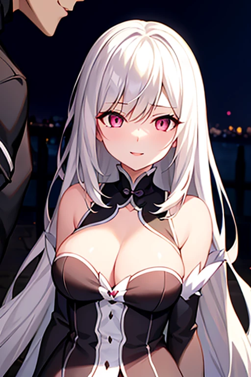 An anime-style girl with long, flowing white hair, big, seductive eyes, and a sexually enticing expression. She is wearing a sexy black dress that accentuates her figure, lying on the ground in a dimly lit, narrow alleyway in a luxurious residential area at night. She is gripping a man's hand, pulling him toward her in a flirtatious and alluring manner. Her expression is captivating, with a flirtatious smile and a mesmerizing gaze. The scene is set with soft lighting and shadows, enhancing the mysterious and upscale atmosphere. The art style should resemble that of "Re:Zero - Starting Life in Another World," with detailed, expressive character design.