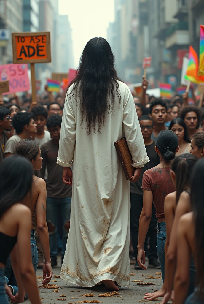 A crowd of the community dressed as dying people, with rainbow signs is kneeling in front of a man in a white robe with a bible in his hand with Nazarene hair in the middle of a city 