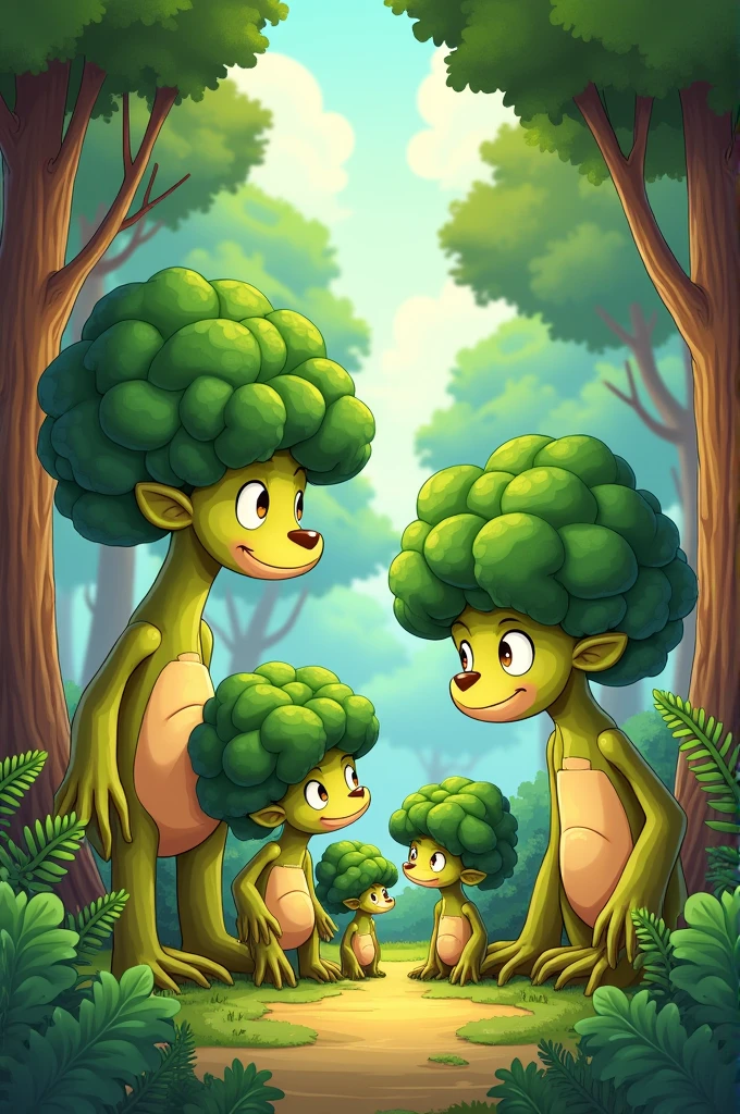 Create a cartoon image of a happy broccoli family talking to forest trees